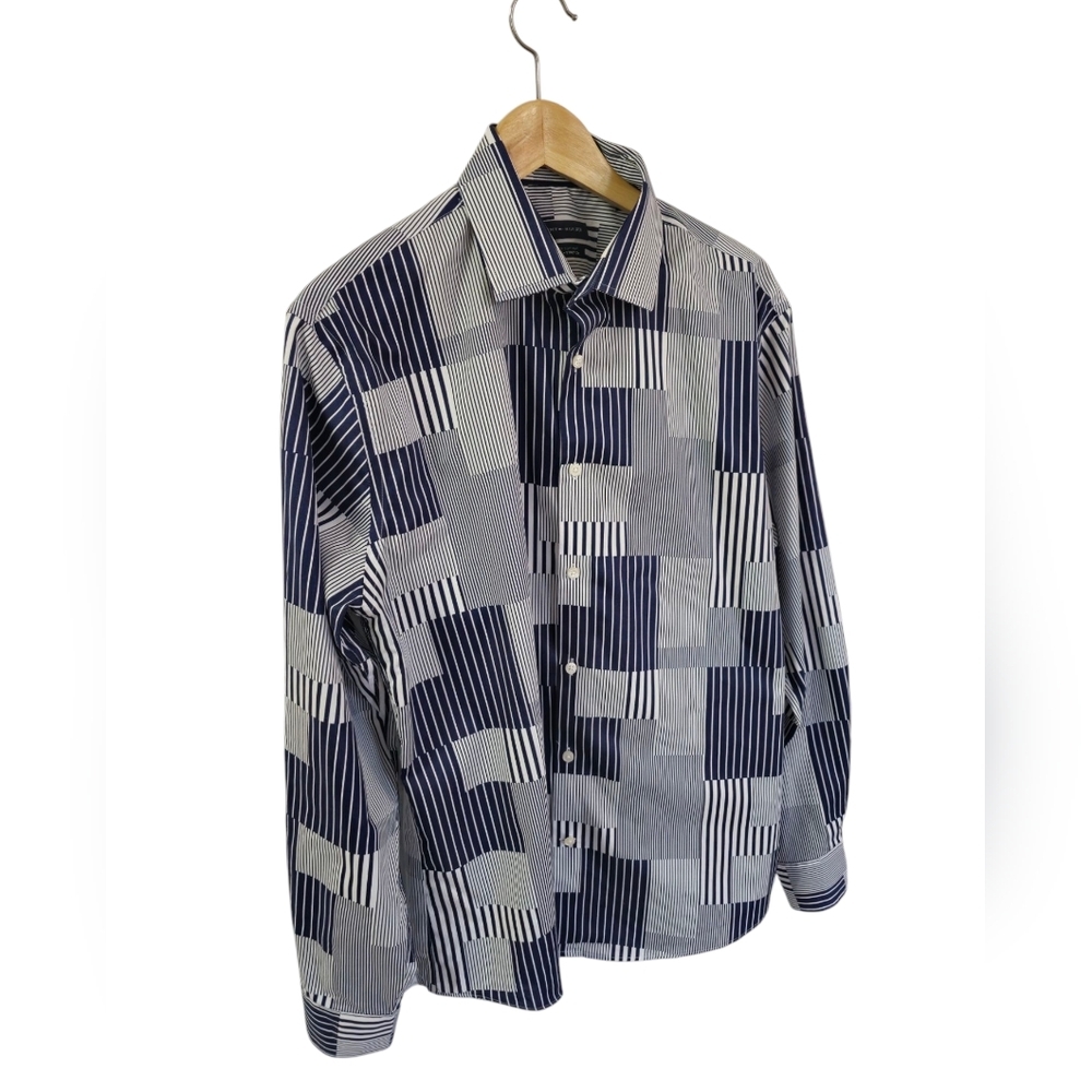 Tommy Hilfiger Men's Blue Block Stripes Long Sleeve Shirt Supima Cotton SZ Large - Picture 3 of 12